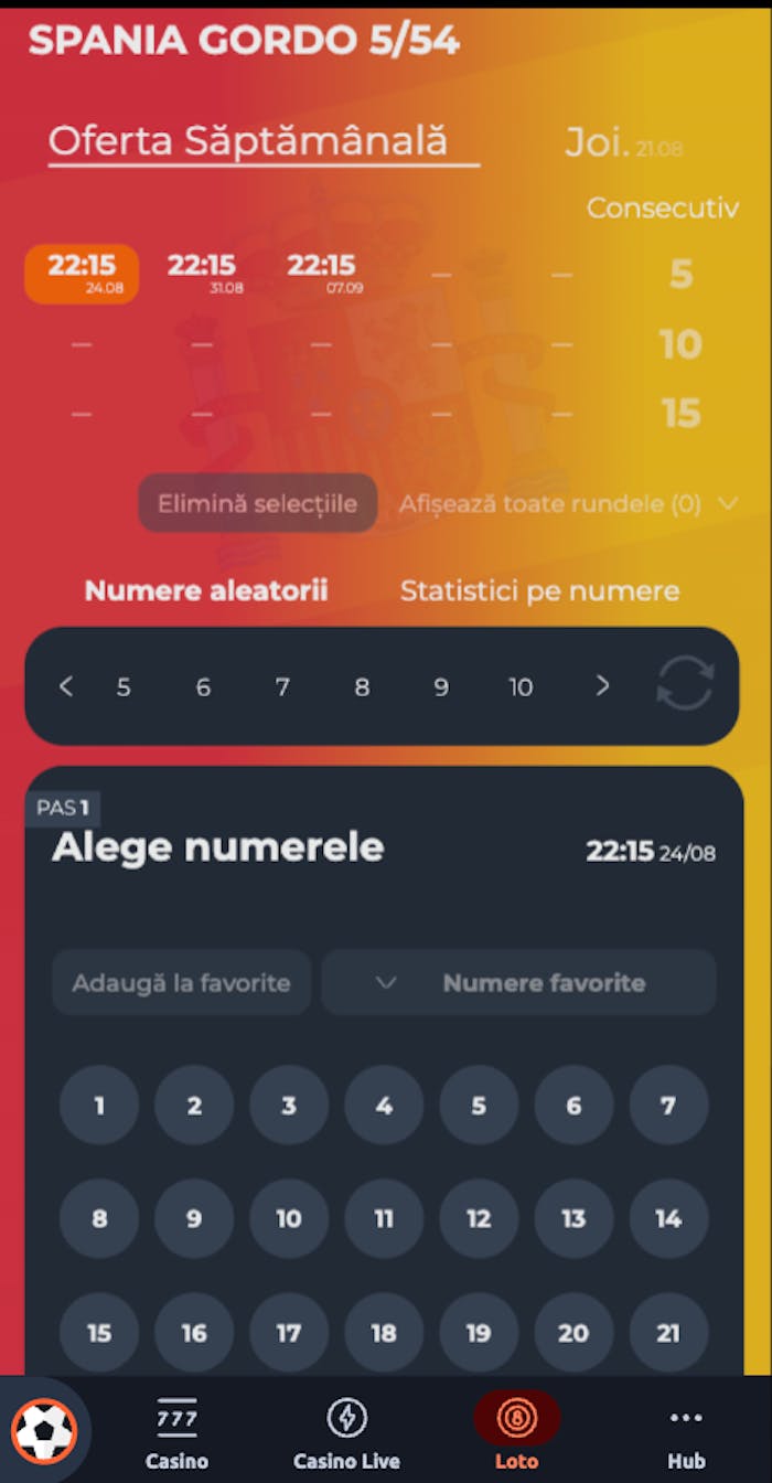 Interfață Spania Gordo 5/54 cu 5 numere aleatorii.