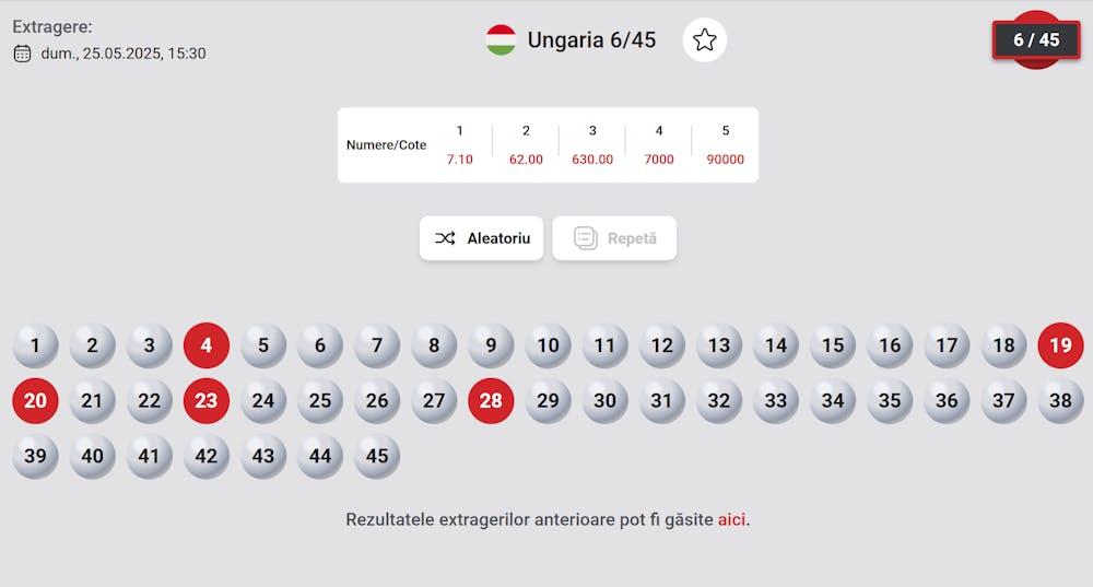 Interfață loto Ungaria unde poți să alegi numerele dorite.