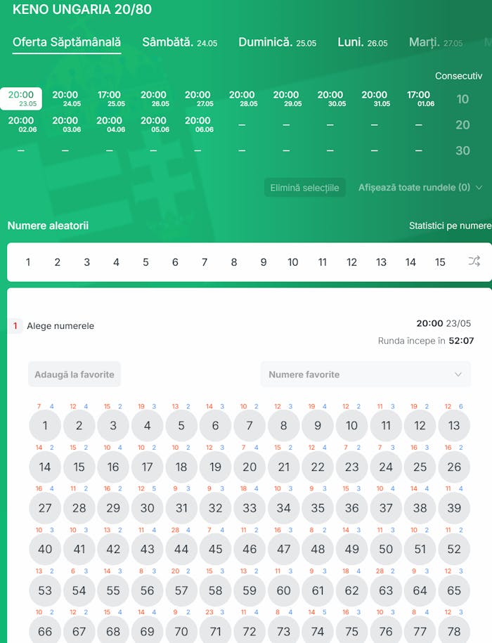 Interfața extragerii Keno Ungaria 20/80.