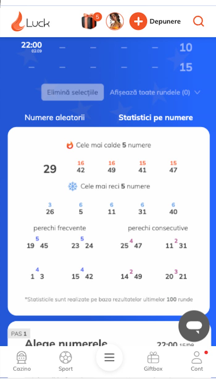 Statistici pe numere la loto Euromillions la Luck casino.