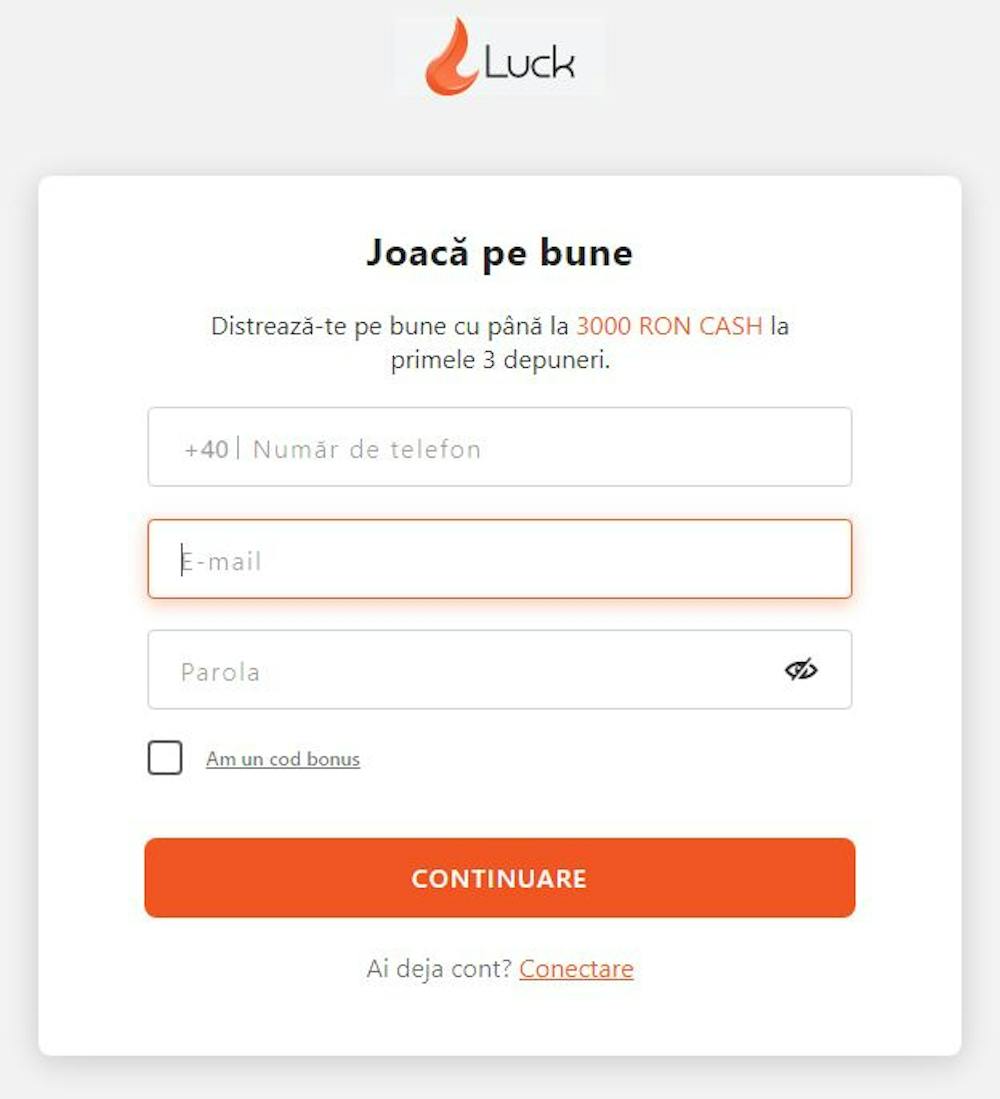 Formula de înregistrare disponibil pe Luck casino.