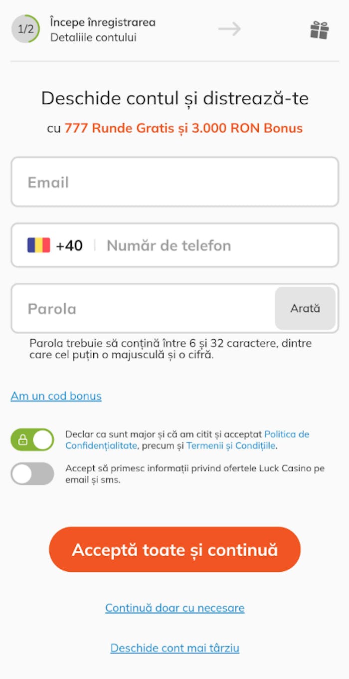 Adresa de e-mail, numărul de mobil pentru deschiderea contului pe Luck casino.