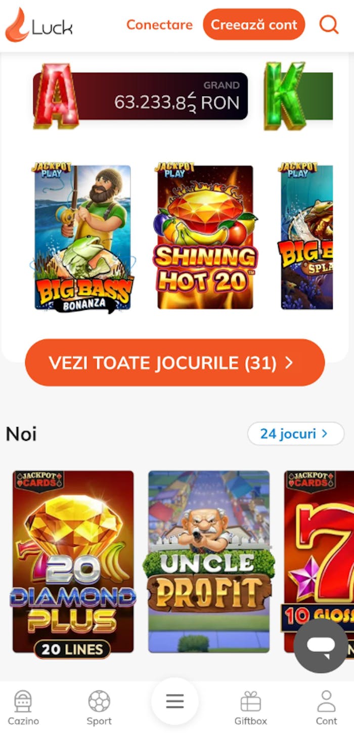Selecție de jocuri Luck casino ro cu jackpoturi și pacanele ca Uncle Profit sau Big Bass Bonanza.