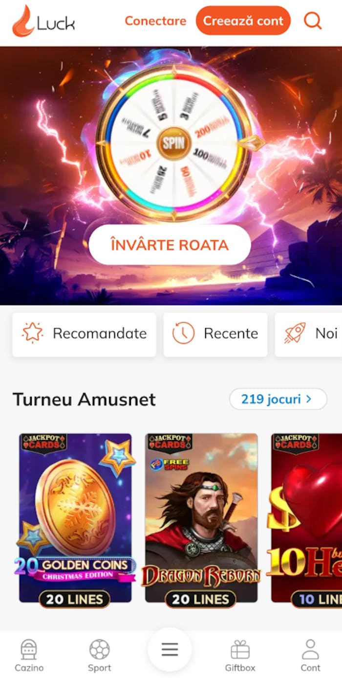 Prezentare generală a cazinoului Luck.com cu oferte, jocuri și meniuri de navigație.