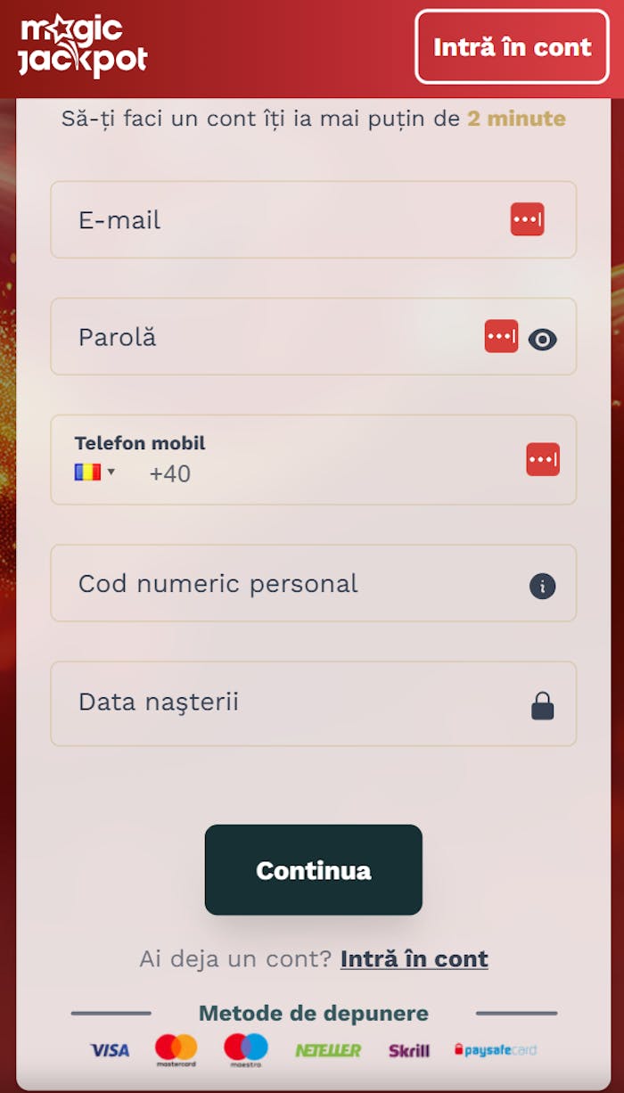 Toate datele pe care trebuie să le scrii pe Magic Jackpot pentru deschiderea contului tău.