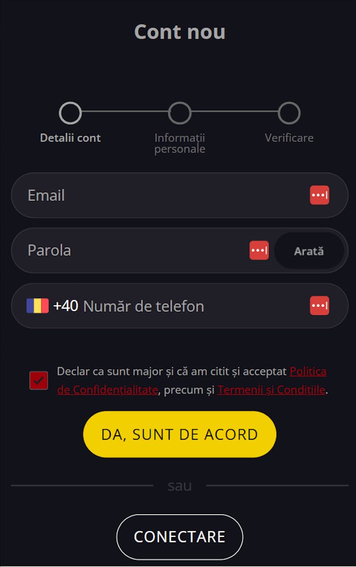Prima parte din formularul de înregistrare de la Magnumbet online.