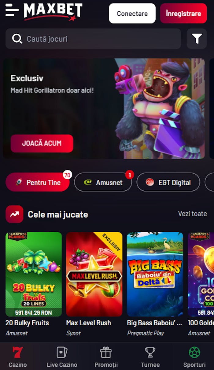 Maxbet online evaluare interfață cu jocuri și categorii principale de promoții și turnee.