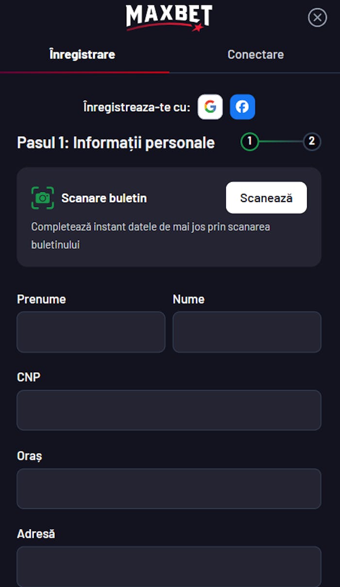 Deschidere cont Maxbet RO prin completare date sau înregistrare rapidă cu Google sau Facebook.