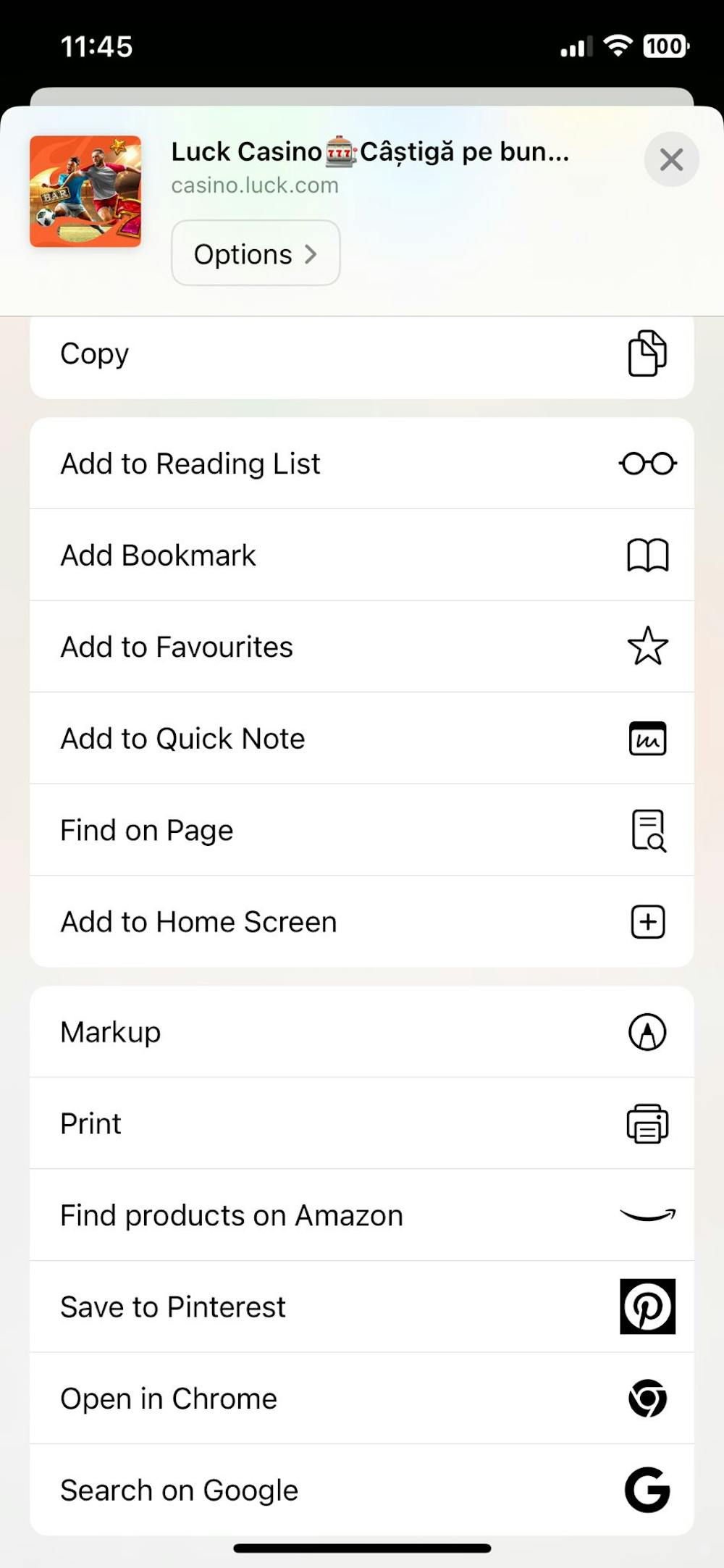 Meniul cazinoului mobil Luck.com prin care poți adăuga scurtătura pe home screen
