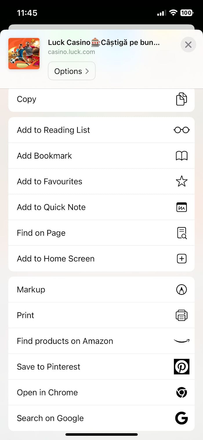 Meniul cazinoului mobil Luck.com prin care poți adăuga scurtătura pe home screen