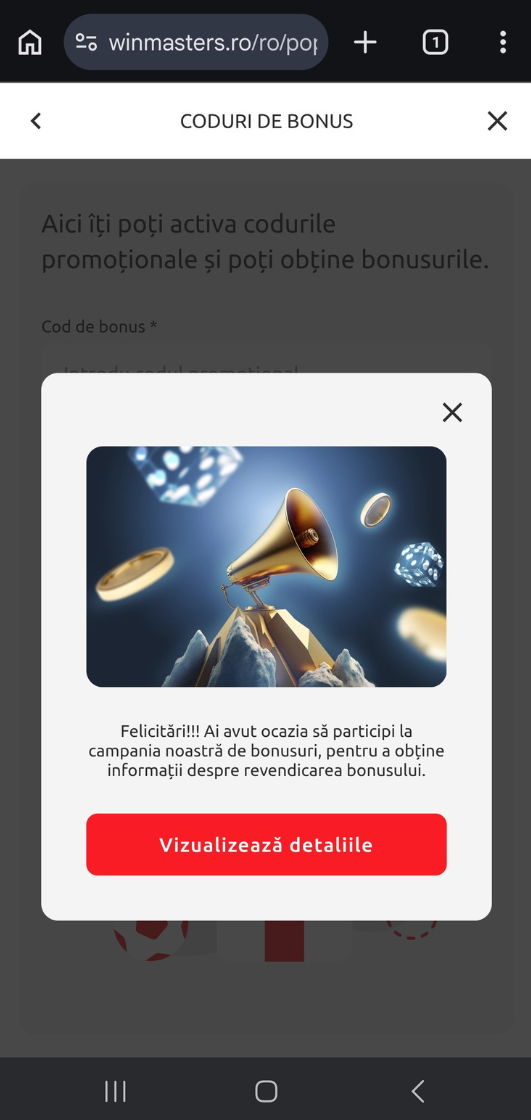 Ce mesaj apare dacă încerci să iei un cod bonus Winmasters dar nu ești eligibil pentru oferta lor.