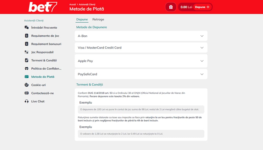 Metode de plată oferite de Bet7 casino.