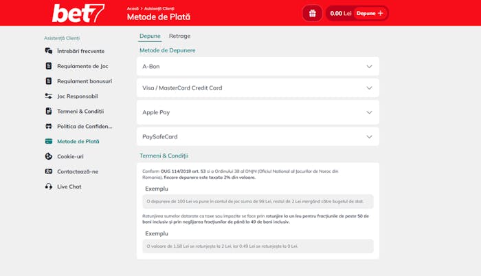 Metode de plată oferite de Bet7 casino.