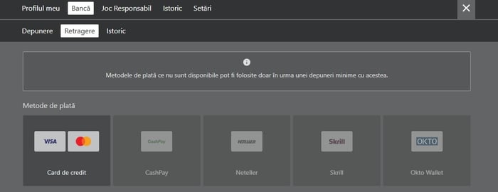 &nbsp;Avertizare din partea cazinoului că poți să faci o retragere doar cu metodele de plată folosite la depunere.