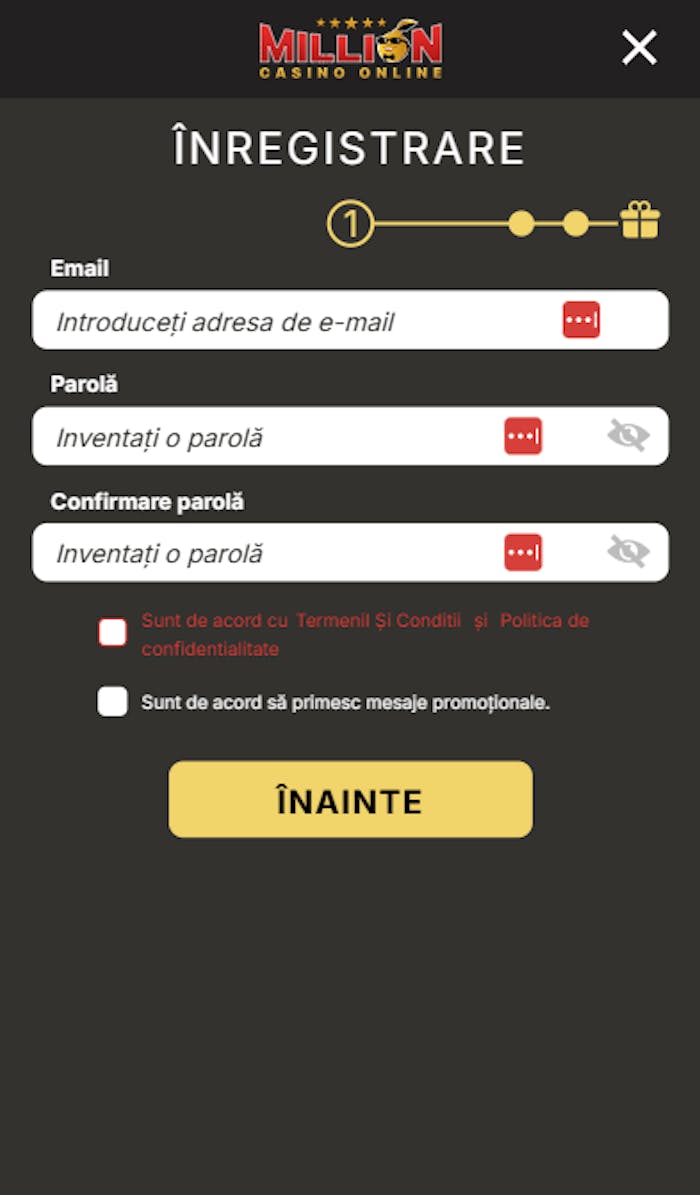 Primul pas în pagina de înregistrare cont nou la Million Casino. Romania
