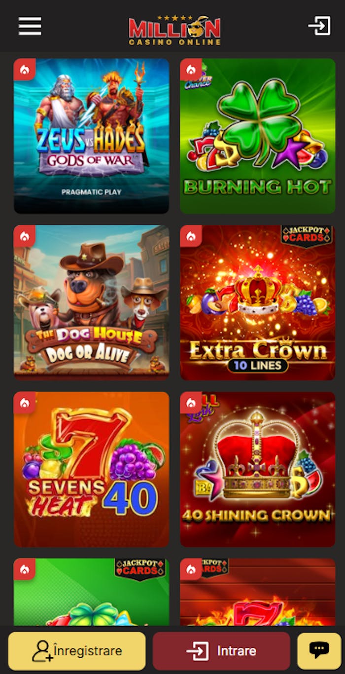 Exemplu cu cele mai populare jocuri de pe Million casino de la Shining Crown la Seven Heat 40.