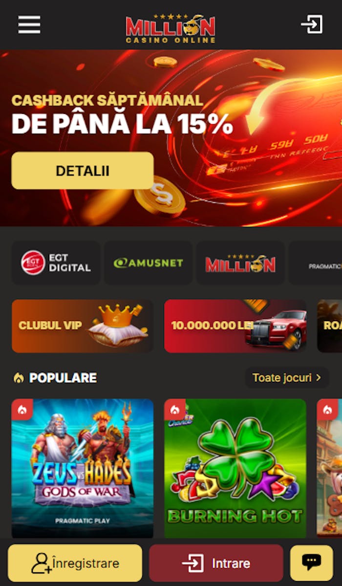 Pagina principala Million casino Romania cu oferte, jocuri și cele mai mari promoții de 10.000.000 RON.