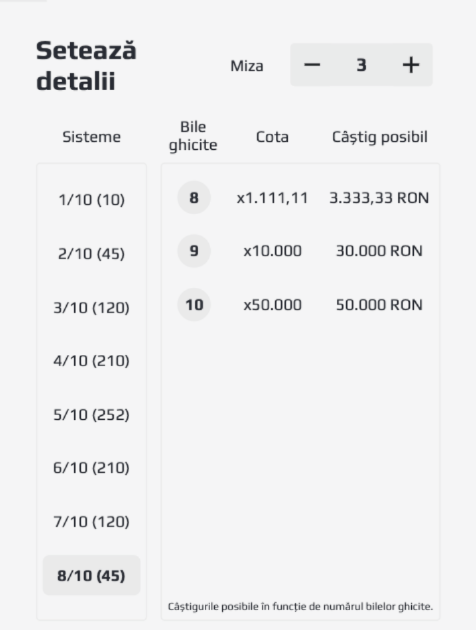 Alege suma de bani pe care vrei să o pariezi pe biletul loto.