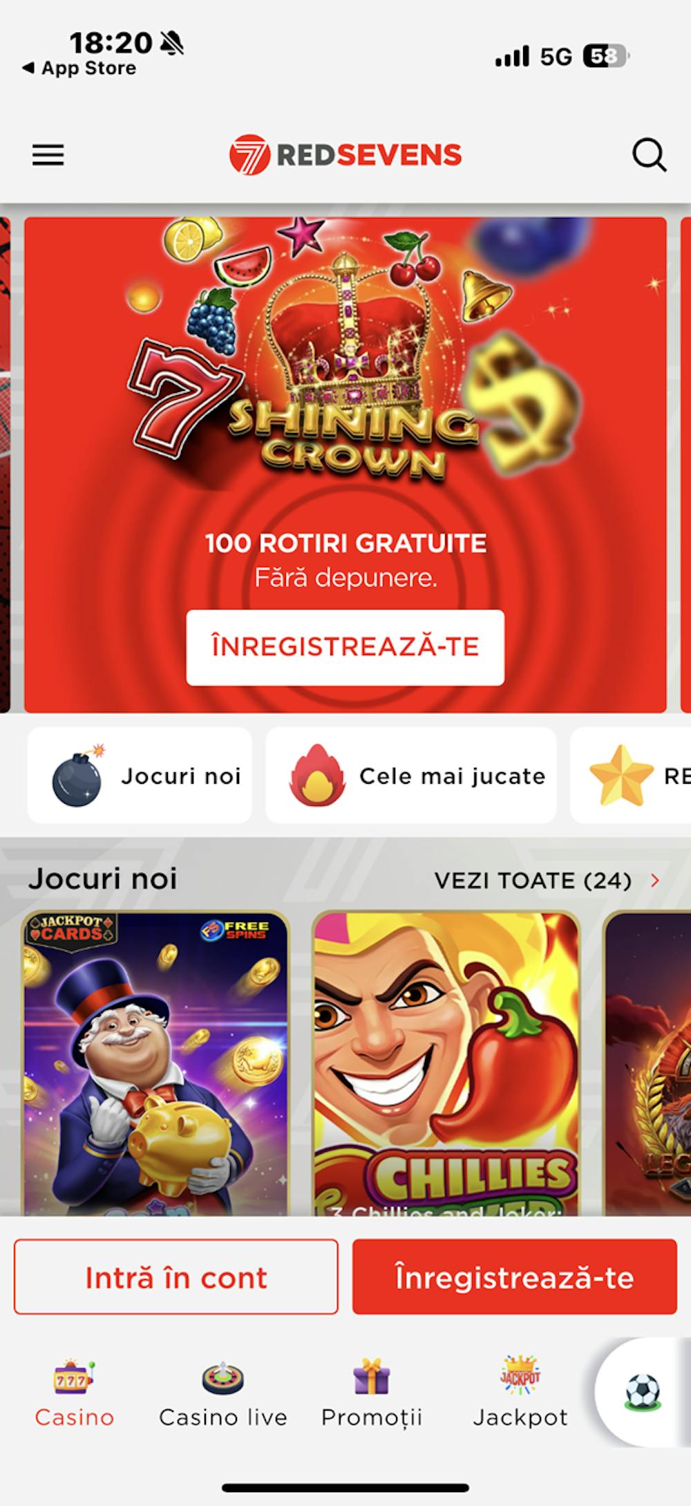 Aplicația RedSevens casino pentru iOS.