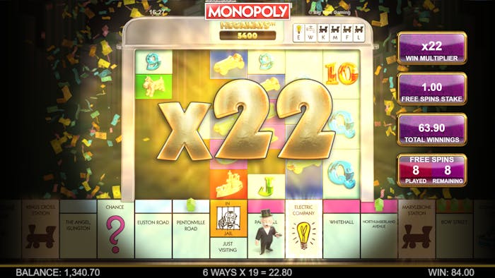 Funcția rotiri gratuite la Monopoly Megaways.