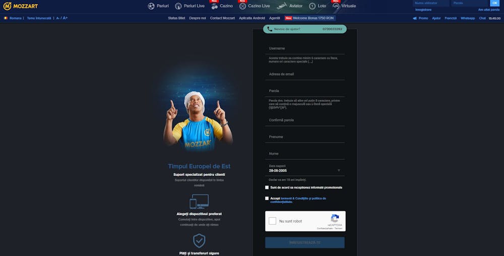 Formularul de înregistrare la cazinoul Mozzartbet.