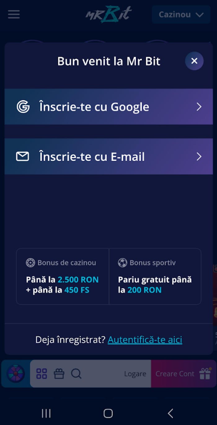 Când deschizi cont alegi dacă te înscrii cu Google sau cu adresa de e-mail pe Mr Bit casino online.