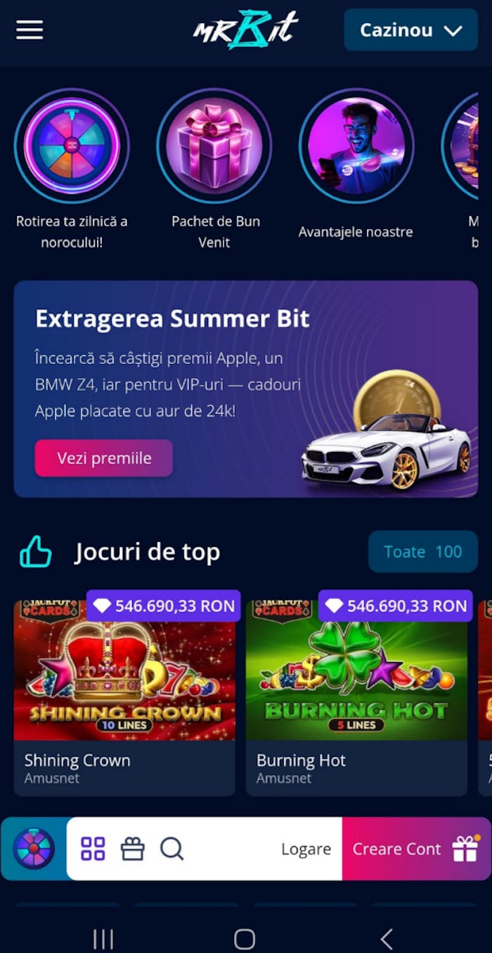 Prezentare generală a cazinoului Mr Bit casino Romania unde sunt afișate ofertele, extragerea și cele mai populare jocuri.