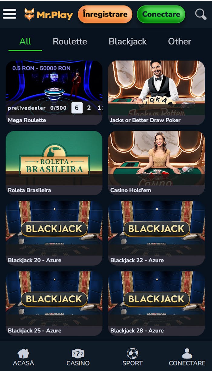 Interfață cazinou live Mr. Play Casino.