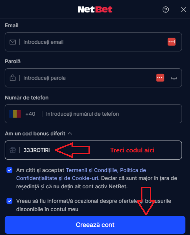 Formular pentru Netbet bonus.