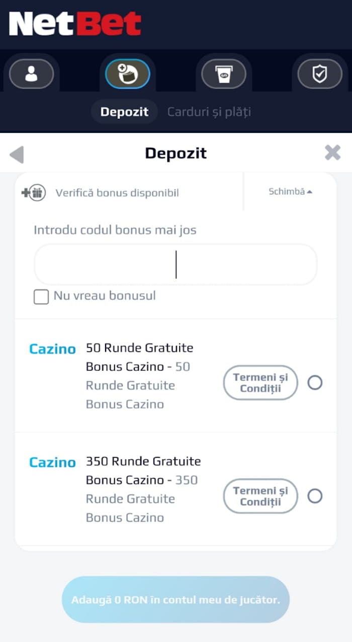 În pagina de depunere poți selecta suma pe care vrei să o adaugi în cont și codul bonus. Netbet în uz