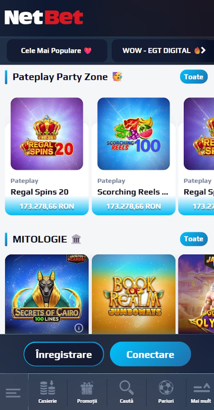 Exemplu din selecția de jocuri Netbet casino Romania din Party Zone și Mitologie.