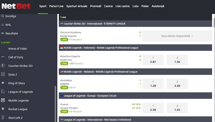 Competiții de esports listate pe pagina Netbet