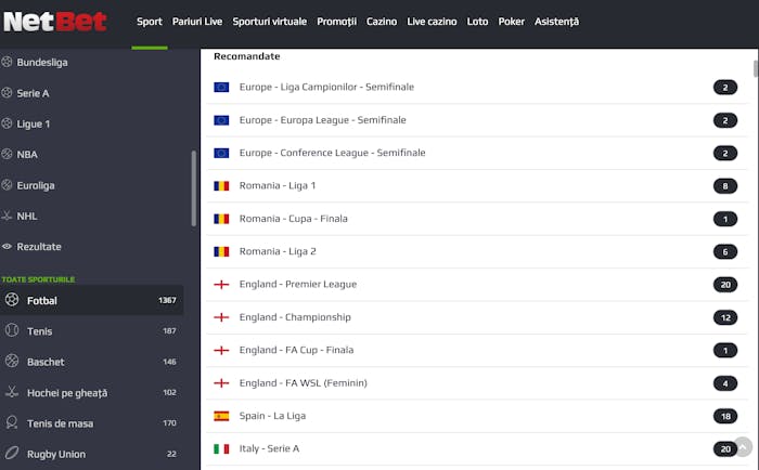Principalele competiții de fotbal pe care le regăsești la Netbet fotbal. Dintre acestea nu lipsesc competițiile europene Liga Campionilor, Europa League sau Conference League