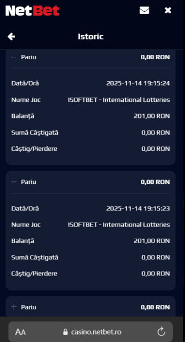 Istoric cu pariuri loto pe care le-am pus pe Netbet.