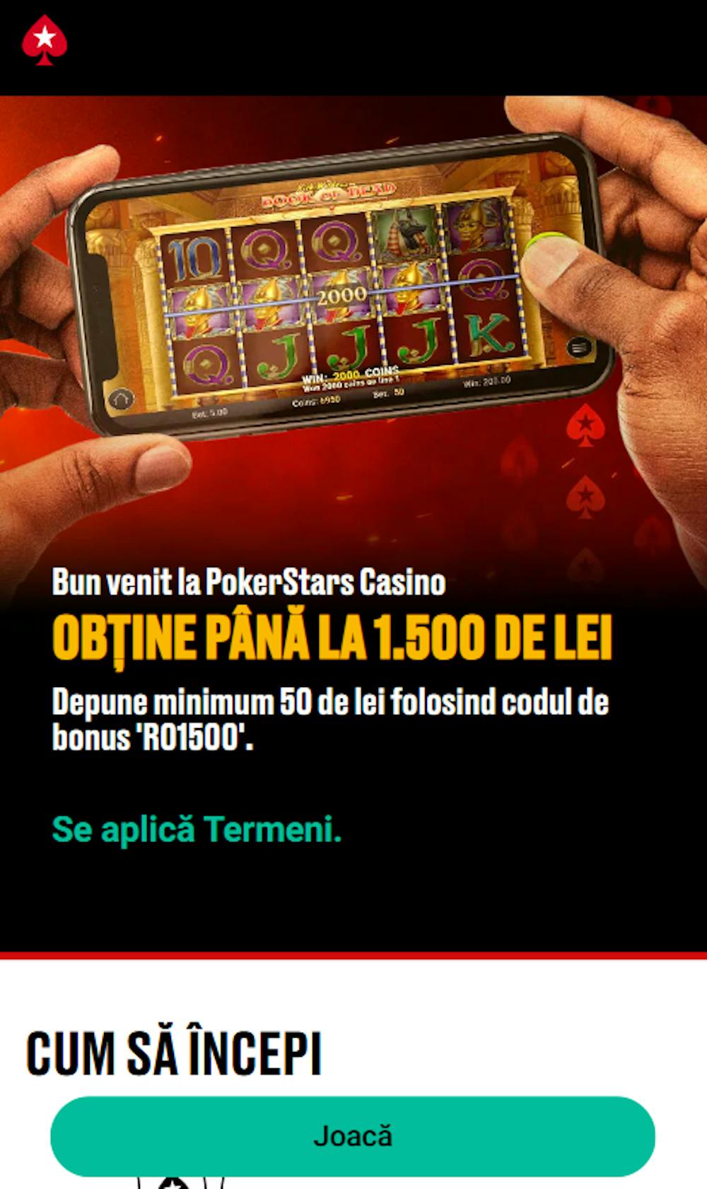 Folosește codul RO1500 Pokerstars bonus code și poți juca cu  MAXIM 1500 RON la depunere.