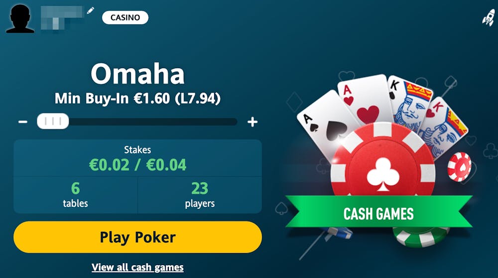 Miza minimă la mesele de poker Omaha este de 0,02€