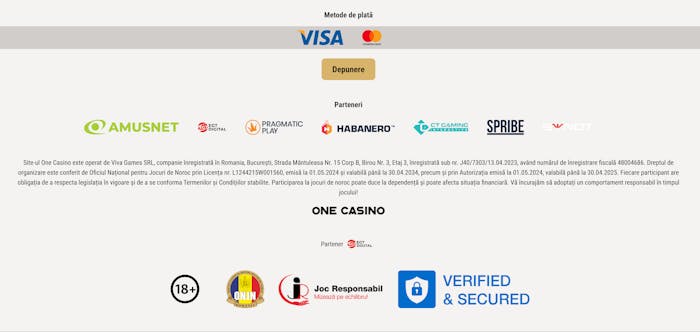 Partea inferioară a cazinoului online One Casino care conține metodele de plată și licența ONJN