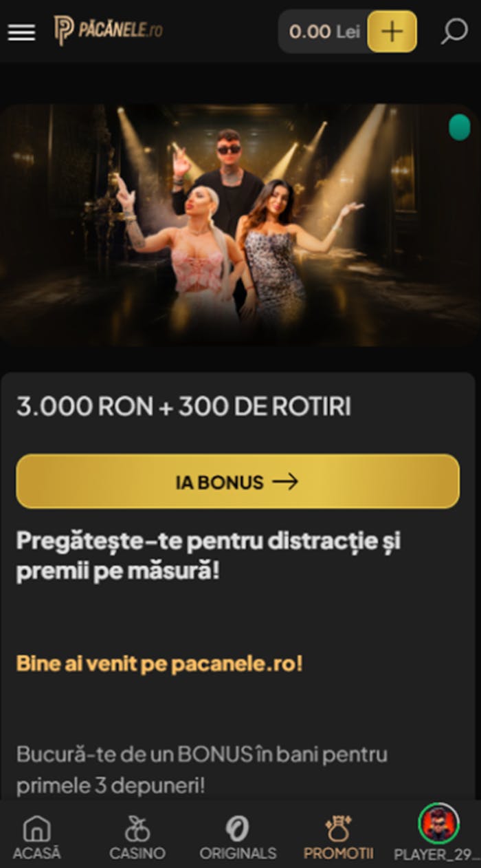 Păcănele casino ofertă bonus de bun venit are până la 3.000 RON și 300 FS.