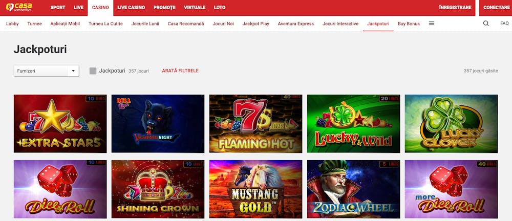 Accesează pagina „Jackpoturi” pentru a vedea lista completă cu jocuri cu premii jackpot