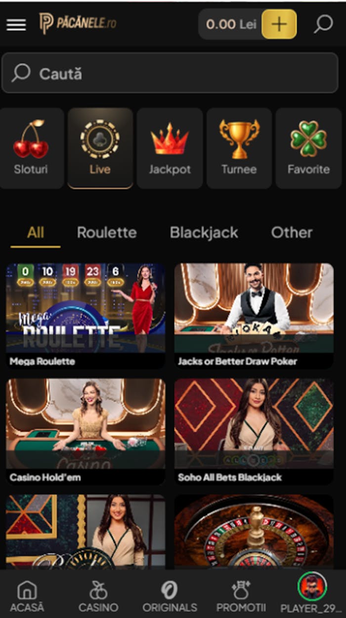 Secțiunea de live casino de la Păcănele.ro.