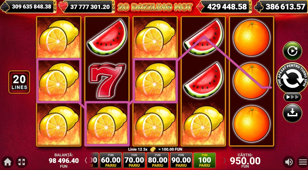 Exemplu de plată din 20 Dazzling Hot demo cu lămâi pe 100 de fise.