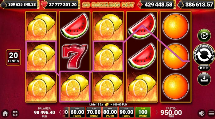 Exemplu de plată din 20 Dazzling Hot demo cu lămâi pe 100 de fise.