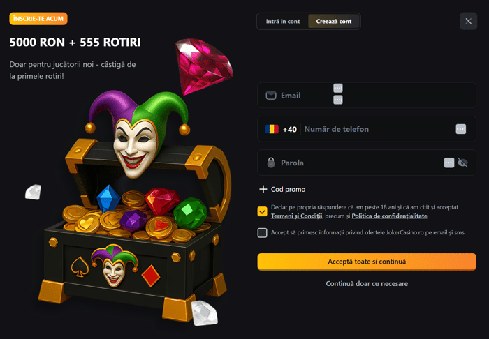 Primul pas din procesul de înregistrare cont Joker casino online.