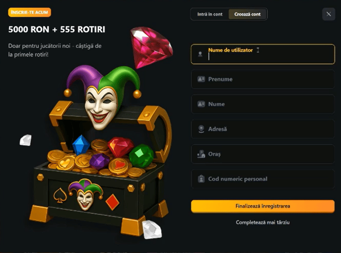 Ce date personale completezi pentru înregistrare pe Joker Casino.