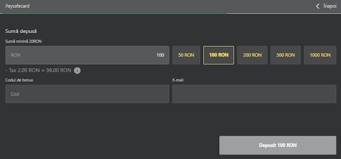 Pagina pentru depunere prin metoda de plată Paysafecard.