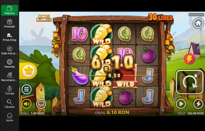 Plată reală la cazino cu vinete și simboluri clasice pe 1 RON la păcănele Bonus Bunnies.