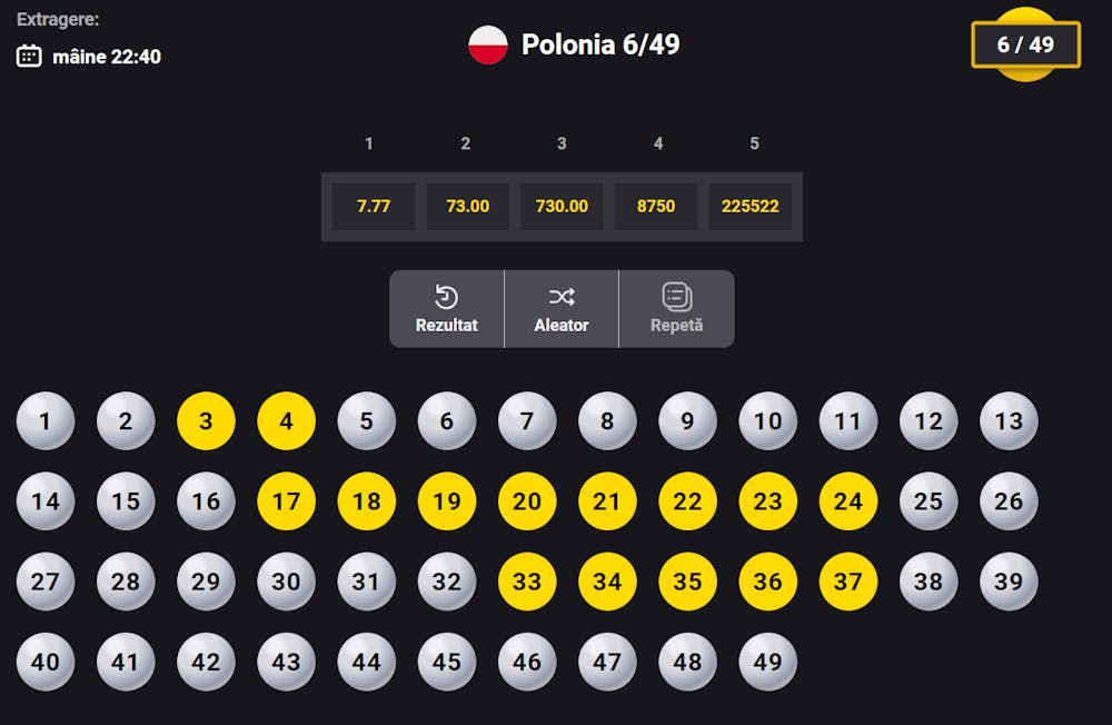 Exemplu de numere selectate pe tip sistem pentru Loto Polonia 6/49.