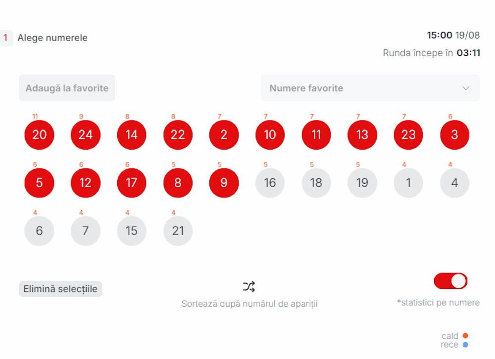 Alegere numere aleatorii pe tip de sistem Polonia Kaskada 12/24 cu plătă de x1250 pe 8 numere.