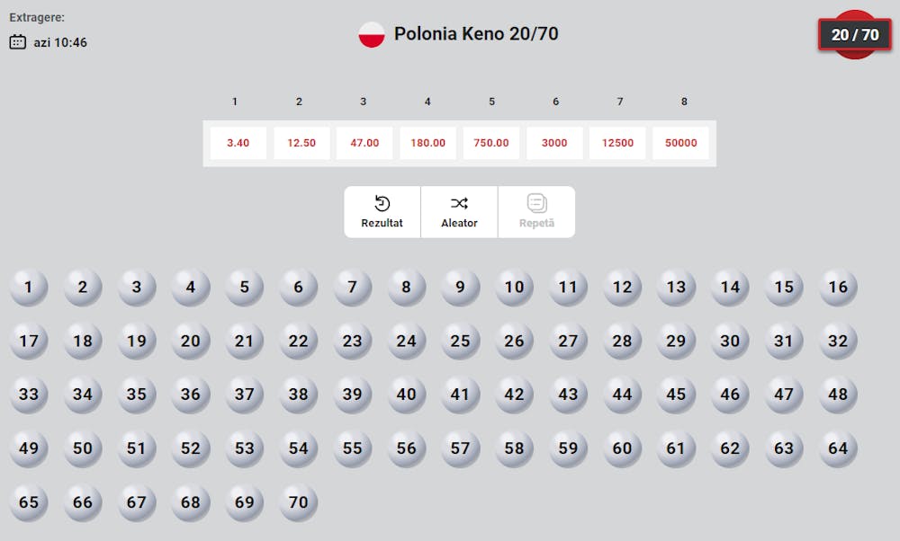 În imaginea atașată se observă panoul general cu numere pentru Polonia Keno 20 din 70 și plata maximă de până la 50000x