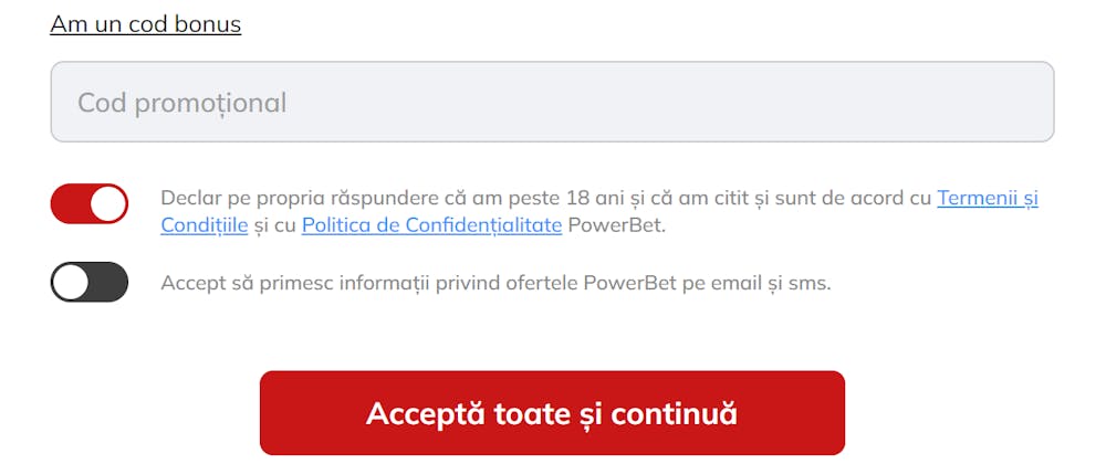 Câmpul special în care trebuie să scrii un cod bonus Powerbet pentru activarea ofertei de bun venit.